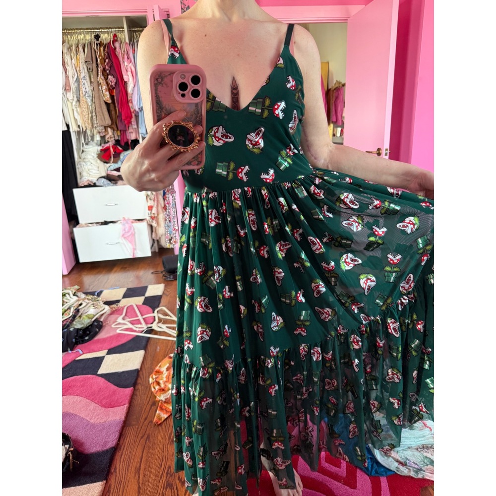 BlackMilk x Nintendo Piranha Plant Forest Green Sheer Tiered Midi Dress Large